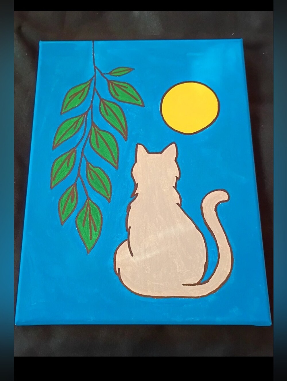 Silver Cat Canvas Art with Yellow Moon - Blue Background - Picture 2 of 2